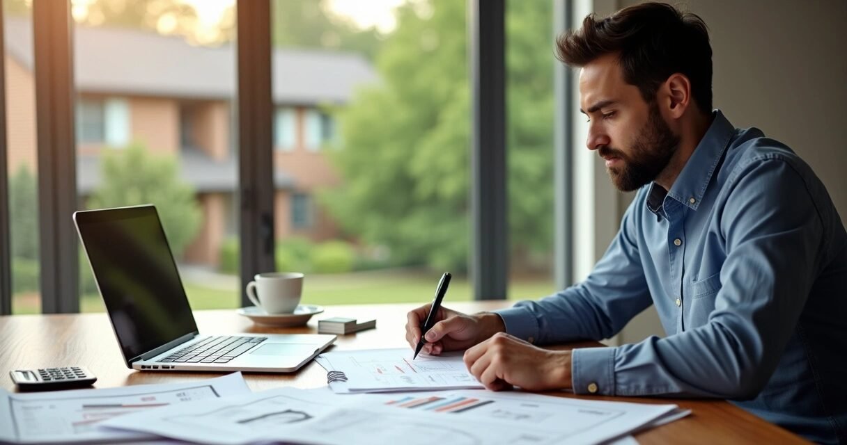 Investor reviewing real estate documents with laptop and property plans on table