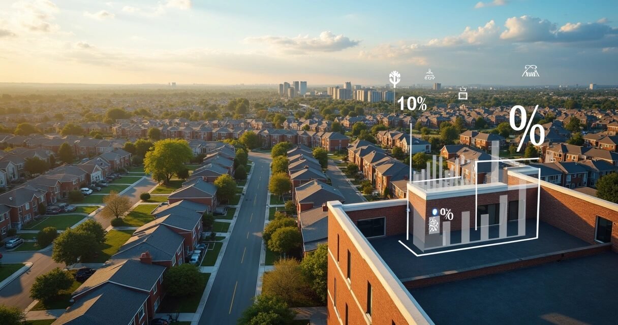Aerial view comparing single family homes, townhouses, and a small apartment building