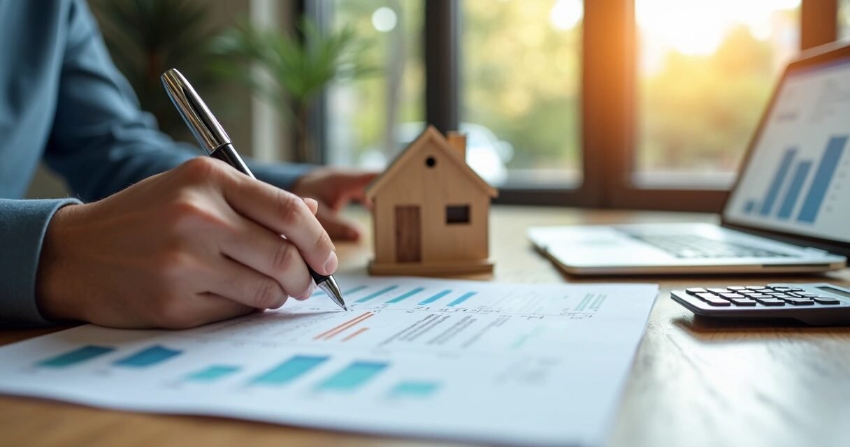 Person signing real estate documents with laptop and house model on desk