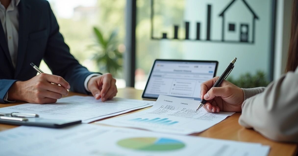 Loan officer reviewing income documents with client in modern office with subtle home graphic behind