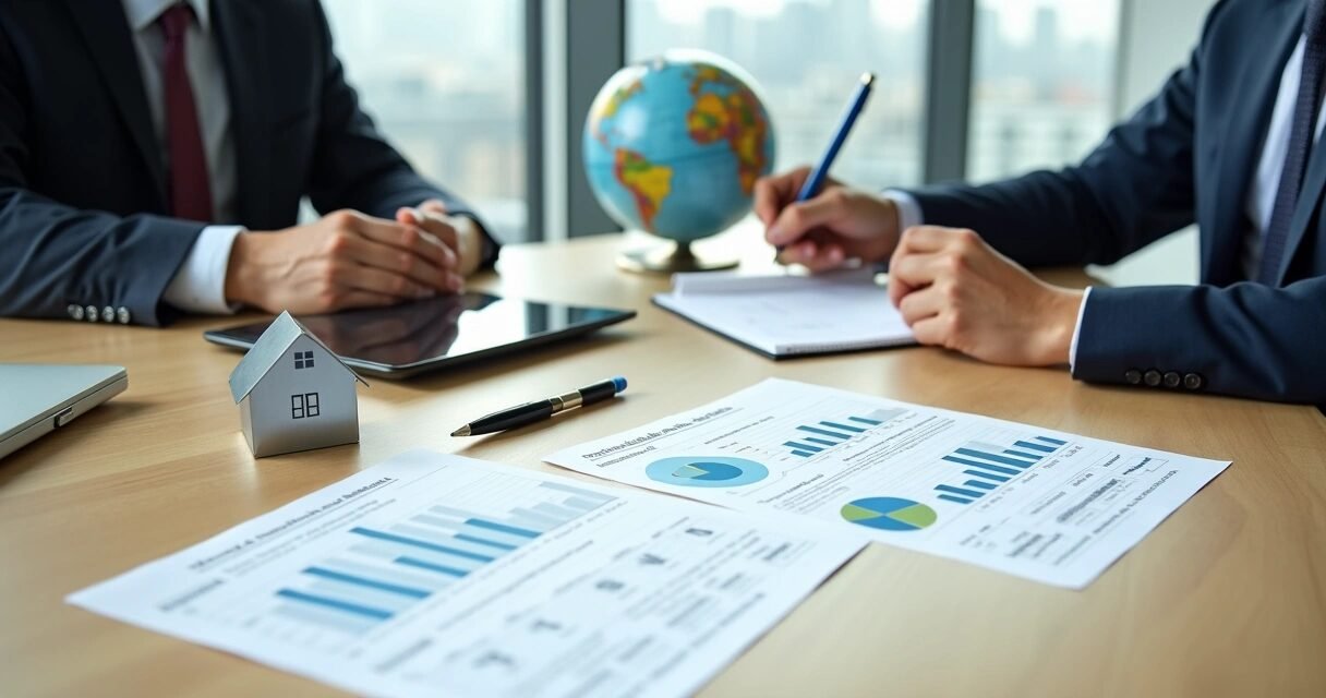 Advisor reviewing US tax forms about foreign rental property with client at modern office table
