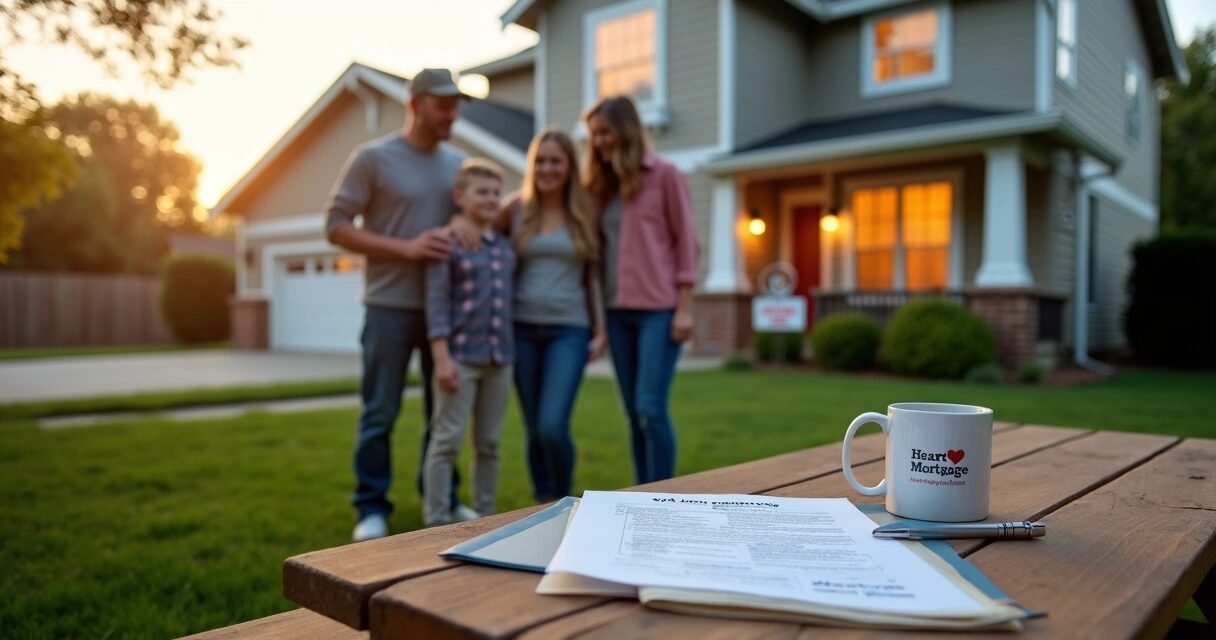Veteran family standing in front yard holding VA home loan approval folder