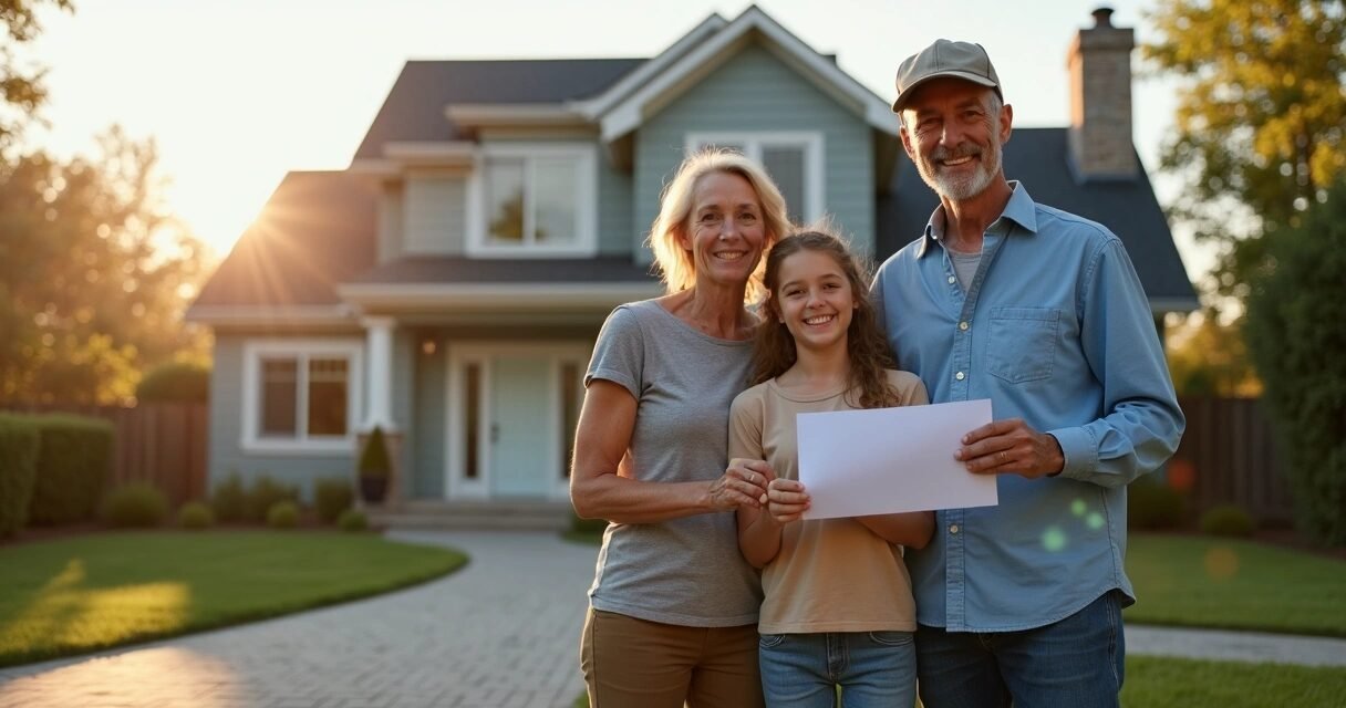 Veteran family standing in front of a new home holding keys and documents