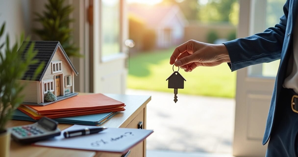 Close view of new homeowner hand holding keys at front door with small house model and mortgage folders on table