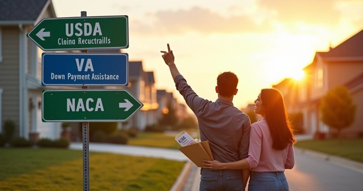 Couple standing before road signs pointing to different zero down mortgage programs