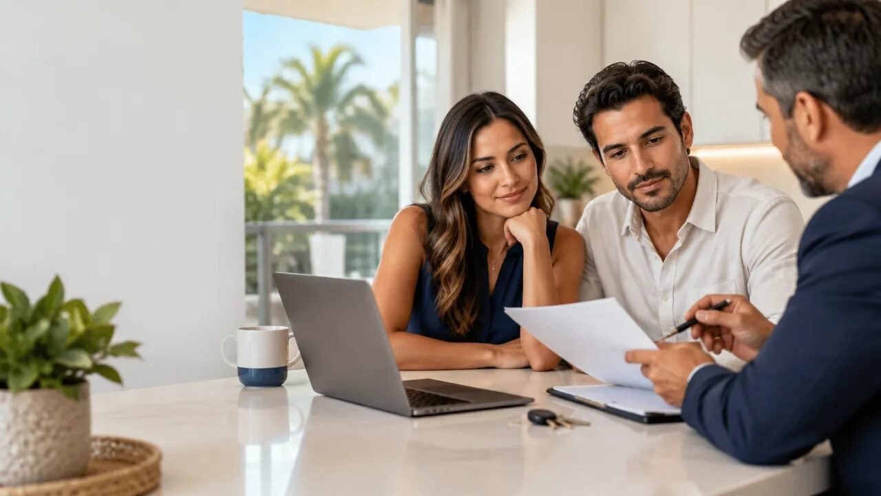 A Brazilian couple in Florida discusses mortgage options with an advisor at a kitchen table