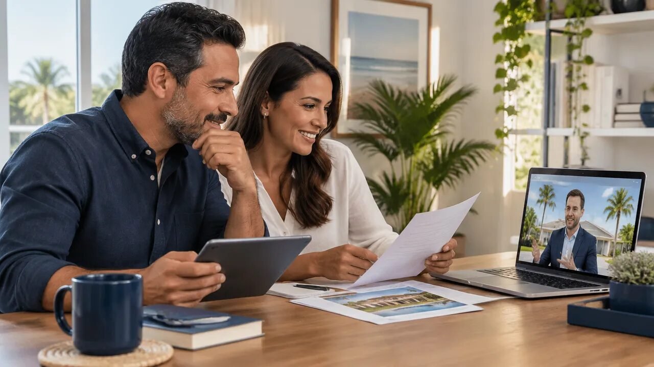Brazilian couple reviewing a Florida home purchase remotely during a video call